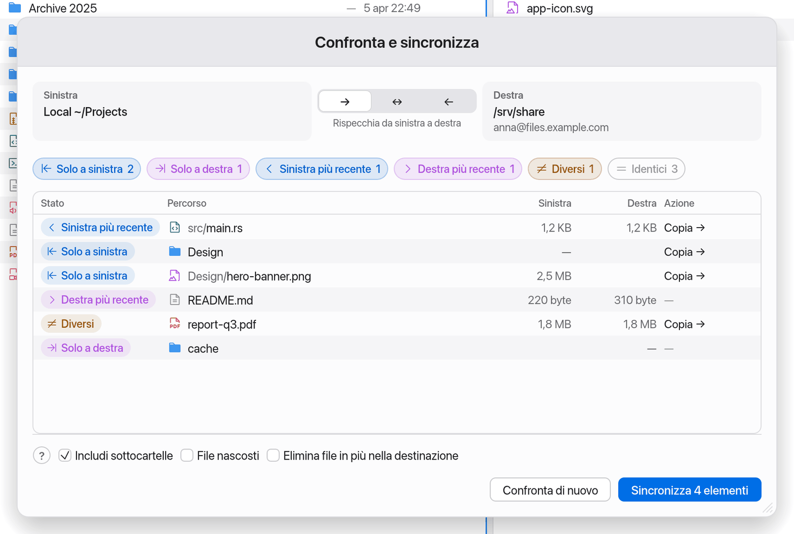 La finestra Confronta e sincronizza