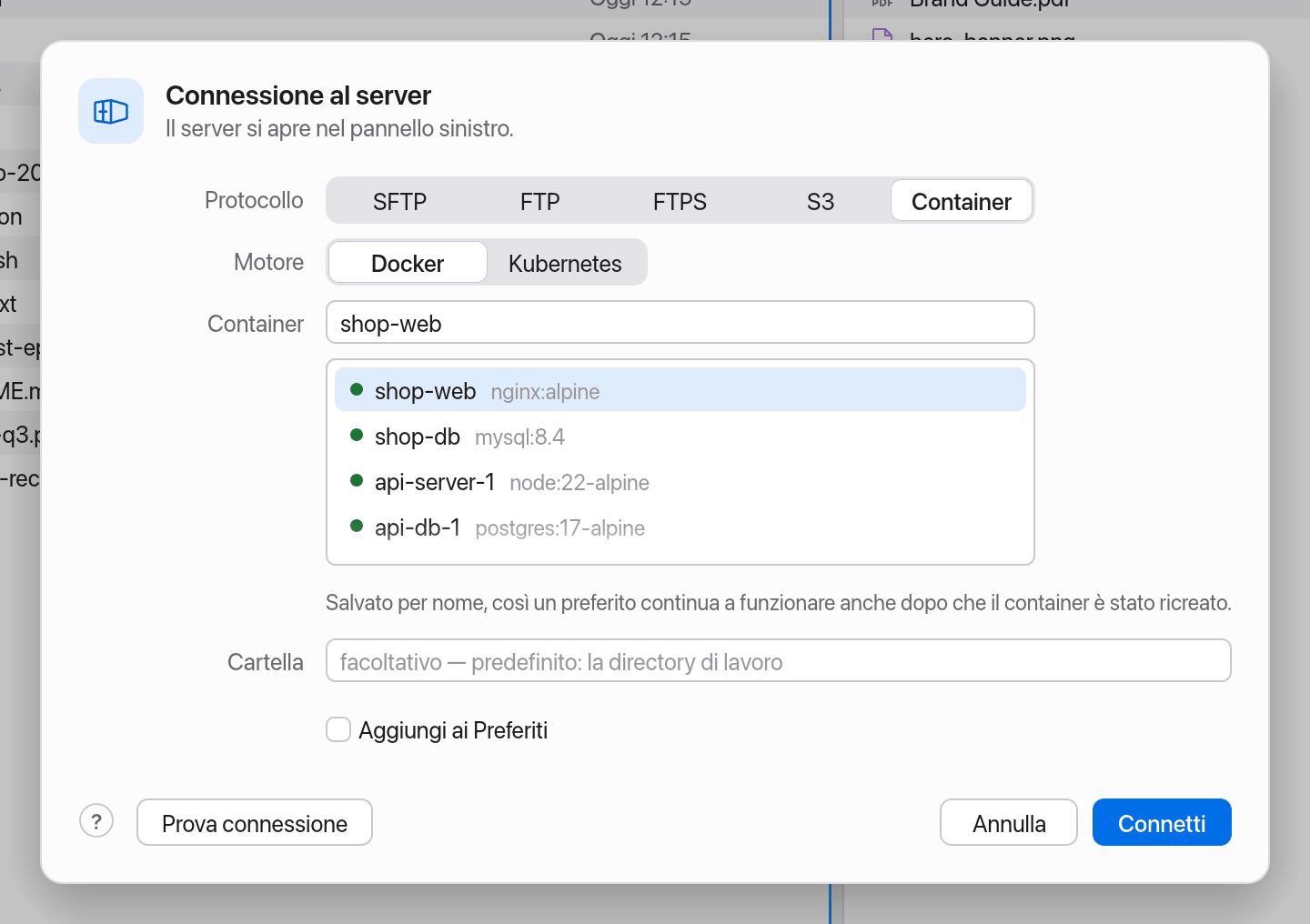 Selezione del container nella finestra di connessione