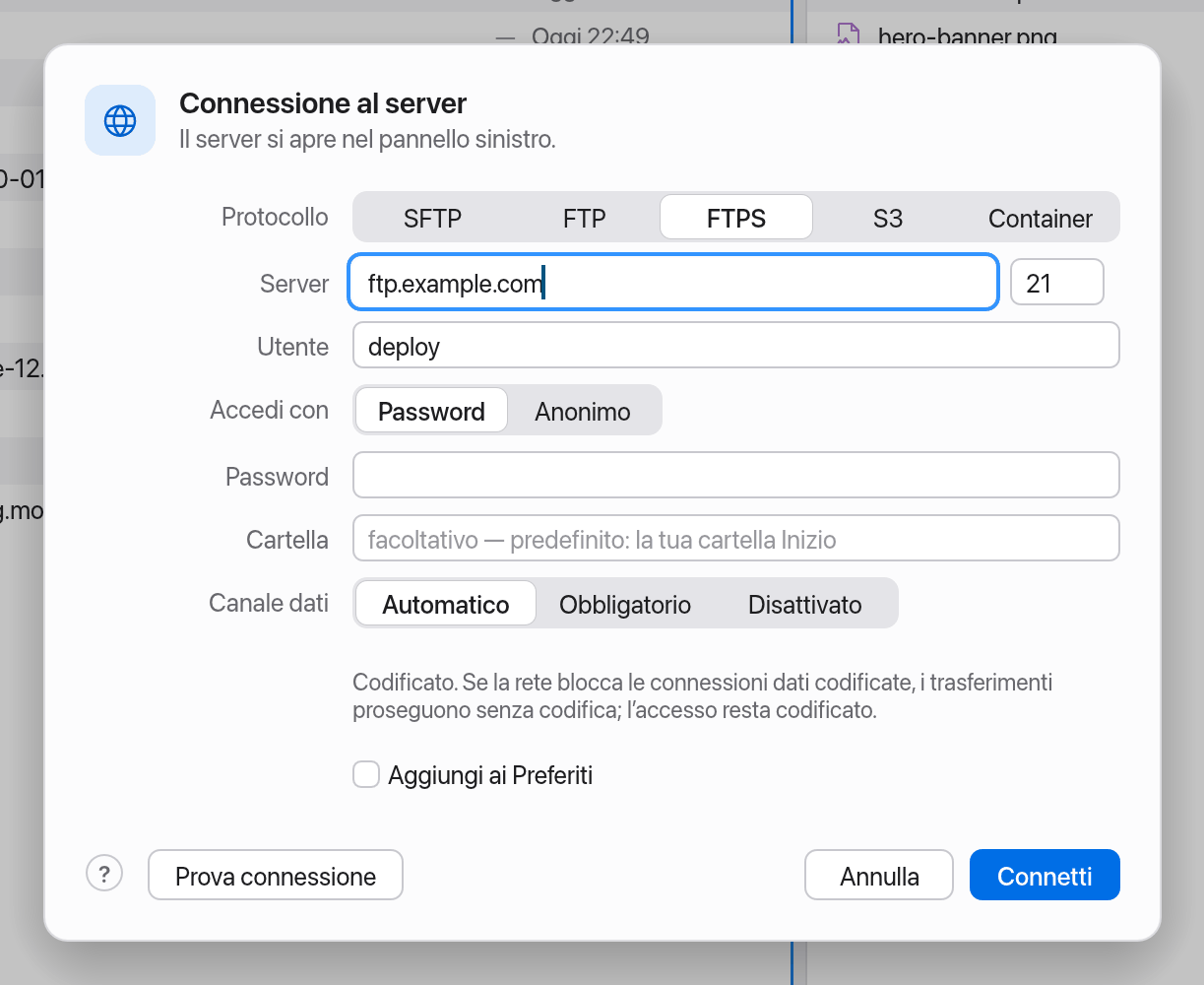Finestra FTPS con la scelta del canale dati