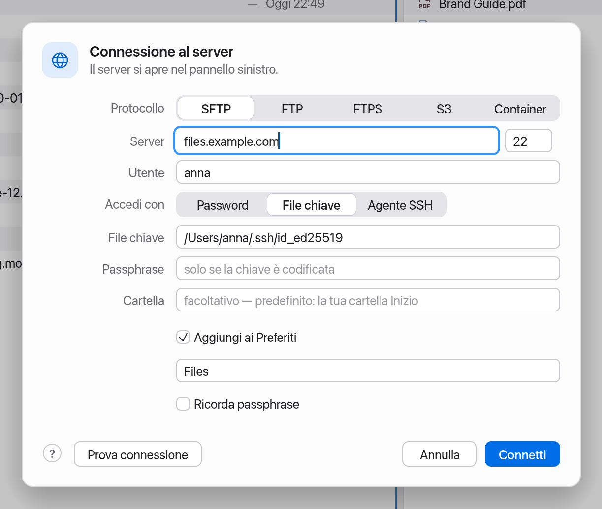 La finestra Connessione al server per SFTP
