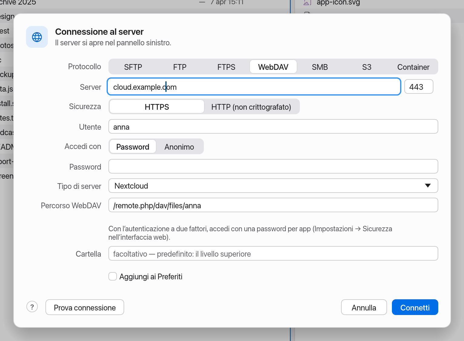Finestra di connessione WebDAV con l’impostazione Nextcloud