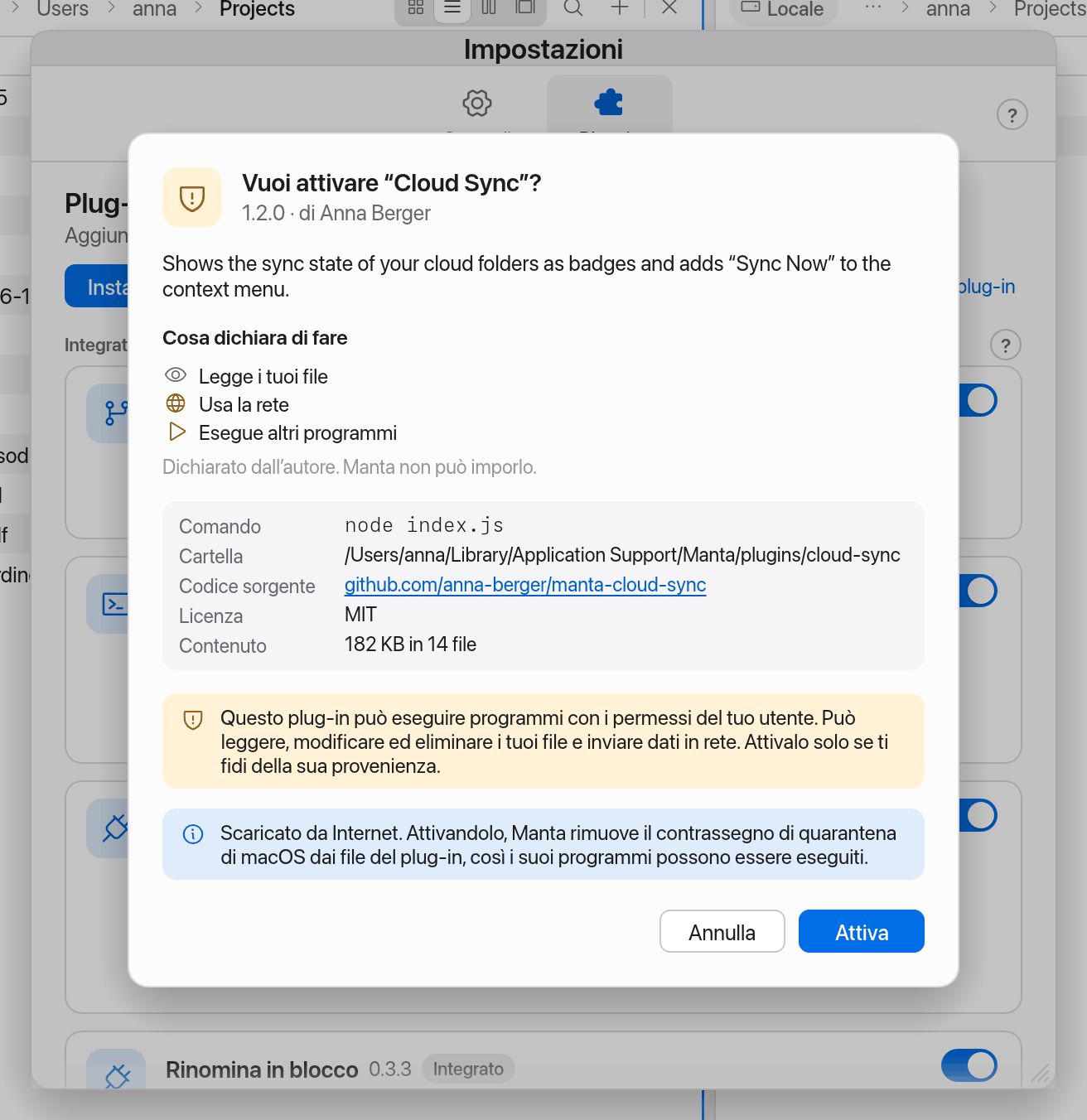 Conferma all’attivazione di un plug-in esterno