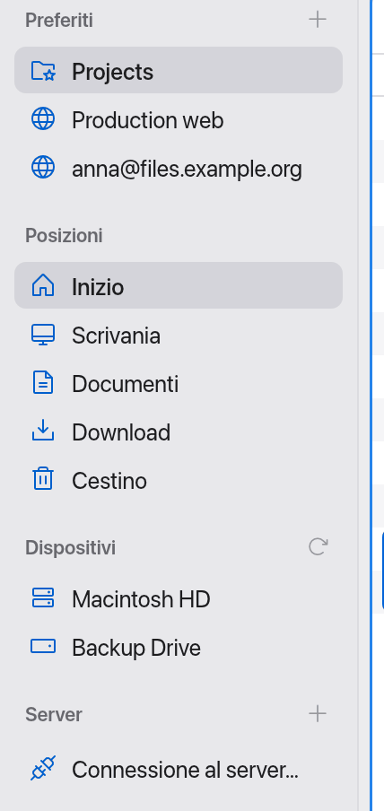 Barra laterale con tutte le sezioni