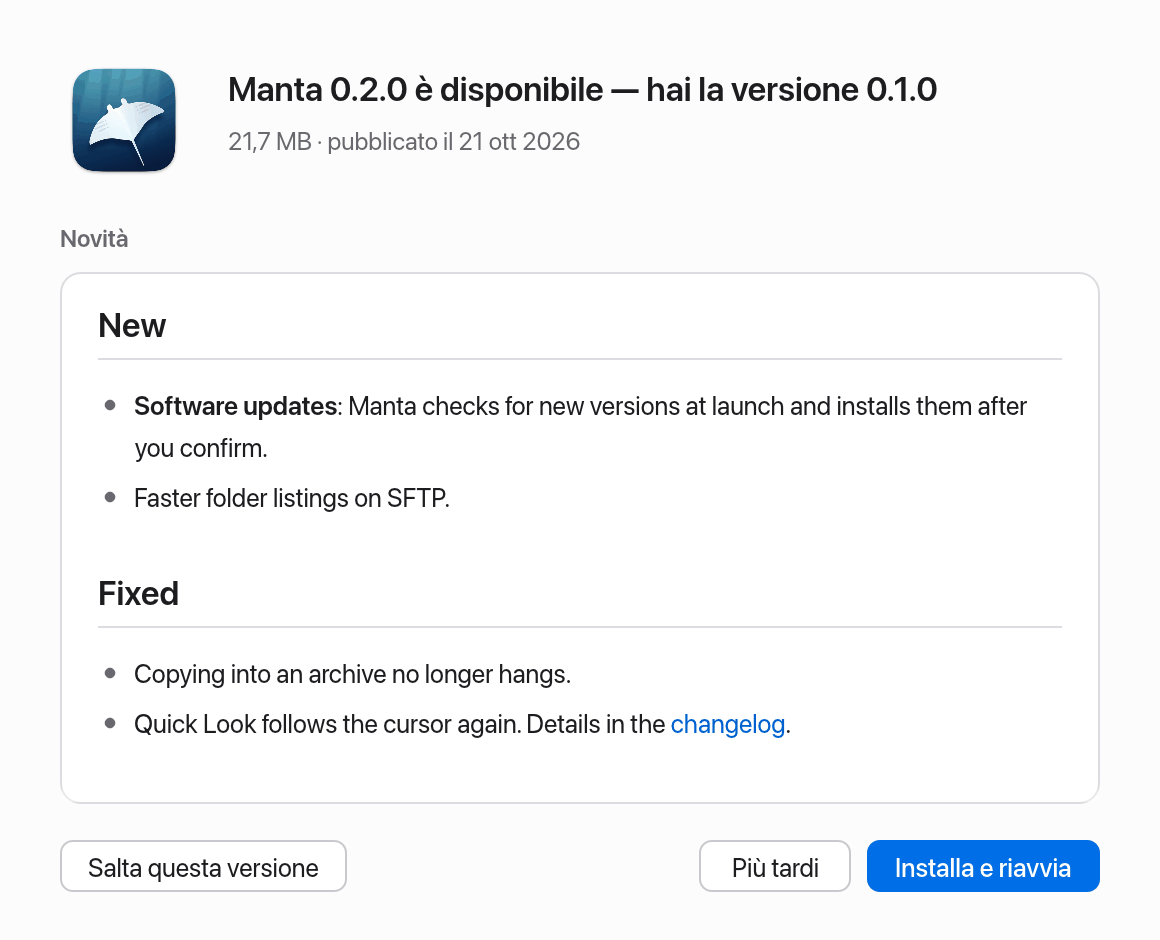 La finestra Aggiornamento software